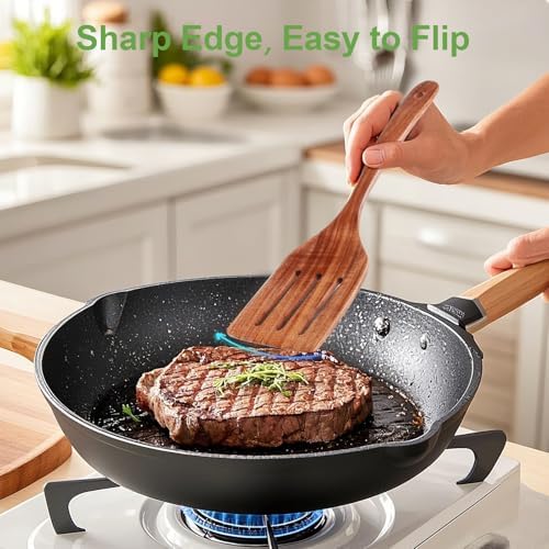 2 Pack Wooden Spatula, Acacia Wood Long Handle Flat Frying Turner
