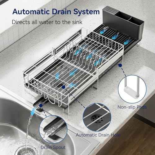 Expandable Stainless Steel Dish Drying Rack, Black