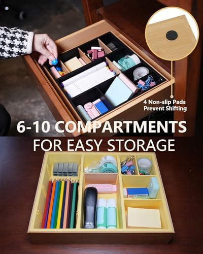 Bamboo Desk Drawer Organizer Tray, Silicone Sturdy Junk Drawer