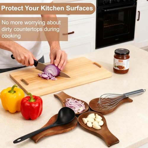 4 Pack Wood Spoon Rest for Stove Top, Spoon Holder for Kitchen Counter