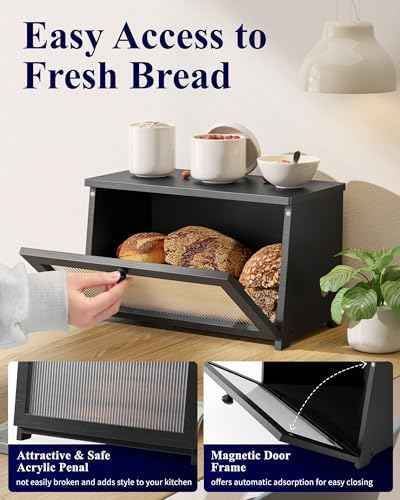 Kitsure Wooden Bread Box for Kitchen Countertop, 1-Tier, Black