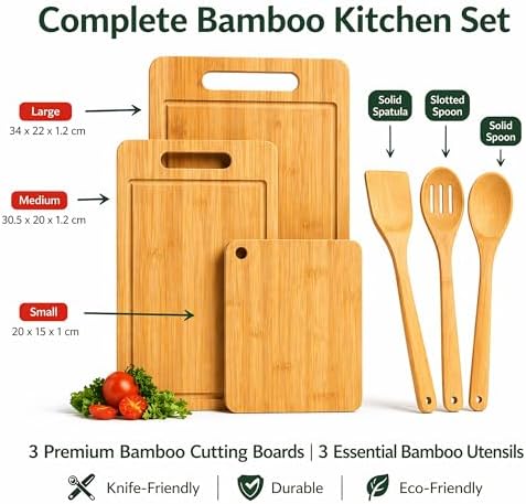 Bamboo Cutting Board Set, 3 Boards + 3 Kitchen Utensils