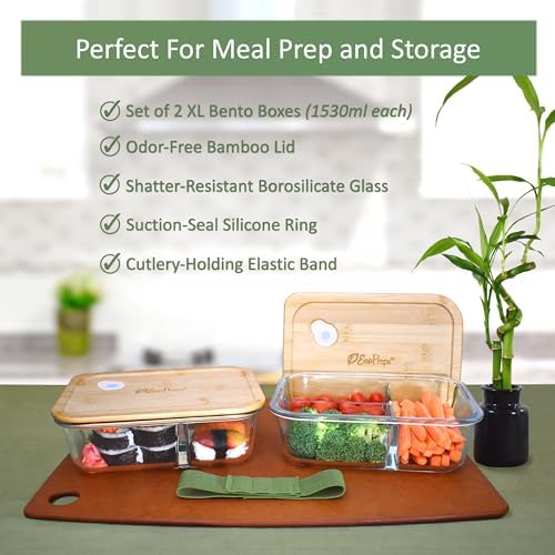 EcoPreps Large Glass Bento Box Containers with Bamboo Lids, 3