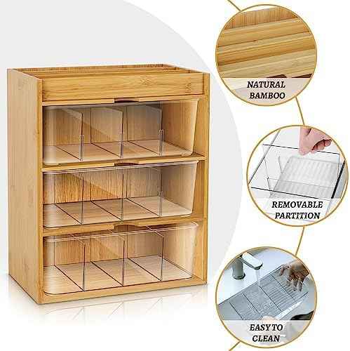 TIMIEEYA Tea Bag Organizer - Bamboo Tea Storage With Drawer 3 Layer