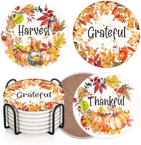 Fall Coasters for Drinks, Set of 6, Ceramic Stone Pumpkin Harvest