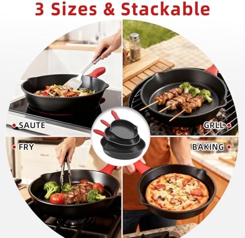 6/8/10 Inch Seasoned Skillet 3-Piece Set, for Frying, Saute, &More, for Oven, Stove, Grill, or Campfire, Black, with Silicone Handle Grip Covers