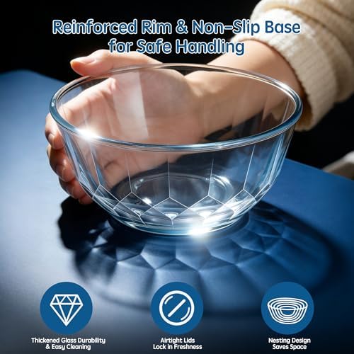 ENVTEK 5‐Piece Glass Mixing Bowls Set with Airtight Lids, Blue