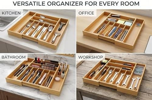 Expandable Bamboo Silverware Drawer Organizer, 20" Wide, 9