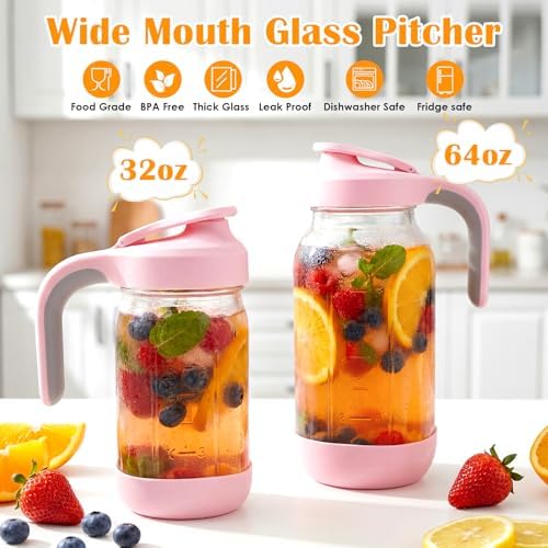 Sursip 64oz (2 Quart) Glass Mason Jar Pitcher with Lid and Handle
