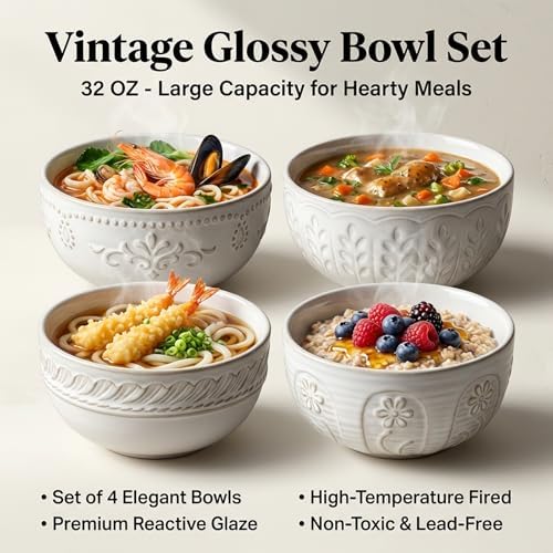 Artena Soup Bowls 32 OZ, Cereal Bowls Set of 4, Embossment Ceramic
