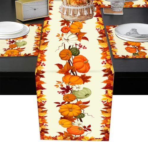 Fall Table Runner and Placemats Set, Orange Pumpkin and Leaf, 72 Inch