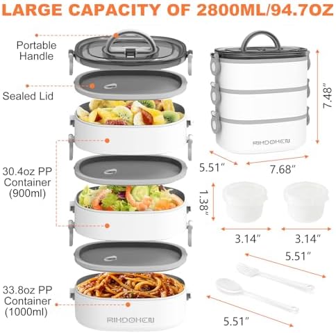 RIKDOKEN Lunch Box, Stackable 3 Layers Containers, Portable 94OZ Large