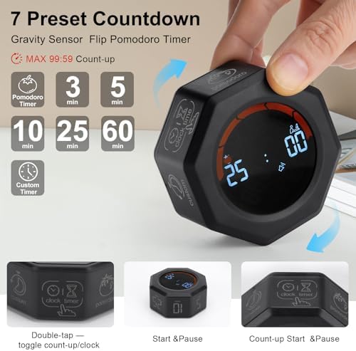 Small Pomodoro Productivity Timer with 5 Presets, Black