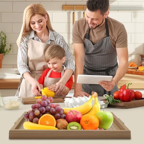 YWMSGM Rattan Woven mesh Surface Wood Serving Tray with Metal Handles