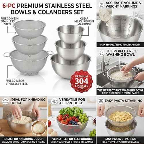 HAPPY KIT 18/8 Stainless Steel Bowl and Colander Set, 6-Piece, Nesting