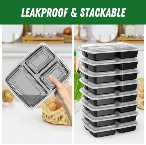 Dealusy 50 Pack 32 oz Meal Prep Containers with Lids 3-Compartment