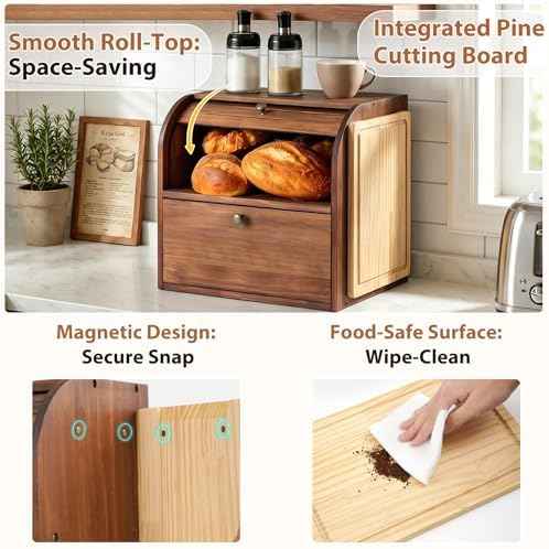 Sunhoo Wooden Bread Box for Kitchen Countertop, Roll Top Breadbox, Brown