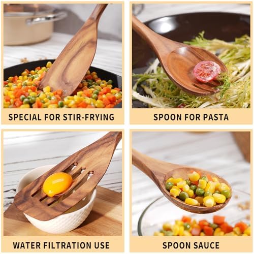 Wooden Spoons for Cooking, 9 Pcs Natural Teak Wood Kitchen Utensils