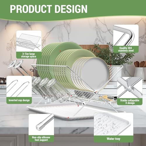 3-Tier Stainless Steel Dish Rack with Drip Tray