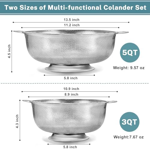Pleafind Colander for Kitchen - 5 QT & 3 QT Stainless Steel Strainer with Handle, Kitchen Strainer Colanders Bowl for Pasta, Noodles, Spaghetti, Vegetables and Fruits, Rust-Resistant & Dishwasher Safe