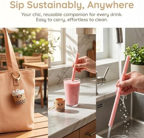 Reusable Silicone Straws with Keychain, Portable Travel Straws Set