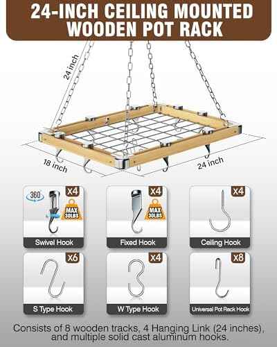 Cooks Standard Classic Ceiling Wood Pot Rack, 24x18 Inch Heavy Duty Hanging Cookware Organizer with Metal Grate & Solid Cast Aluminum Hooks, Movable Tracks Design