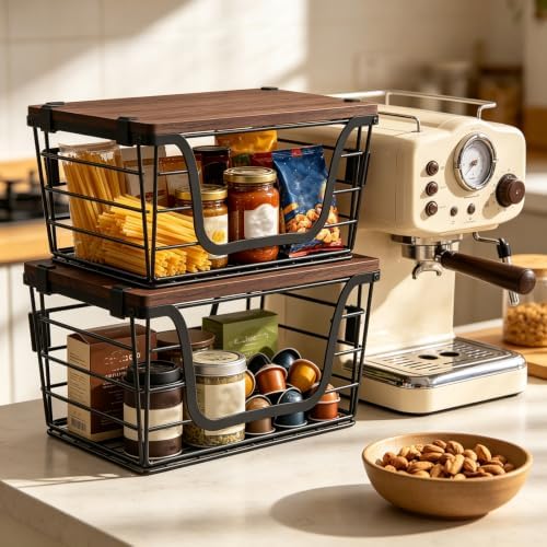 2 Pack Stackable Potato and Onion Storage Bins, Metal Wire Baskets for