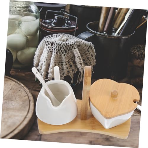 Ceramic Sugar Bowl and Cream Pitcher Set with Bamboo Tray Spoon