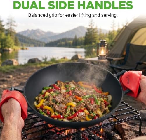 NutriChef 14" Cast Iron Wok with Wooden Lid - Pre-Seasoned Kadai for Stir-Fry with Loop Handles, Compatible with Multiple Cooktops Including Induction, Large 5.8 Qt Capacity