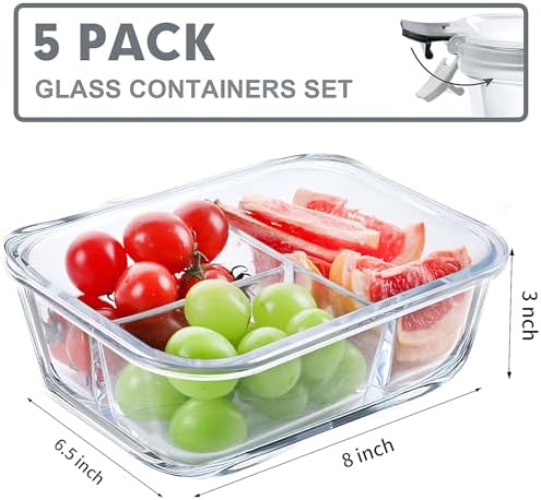 VERONES 5 PACK 36 OZ Glass Food Storage Containers, Grey