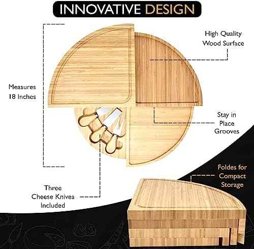 Perlli Bamboo Cheese Board & Knife Set, Large Folding 18 Inch Round Wood Rotating Charcuterie Board Set Cheese Meat Wine Serving Tray Platter, Home Decor