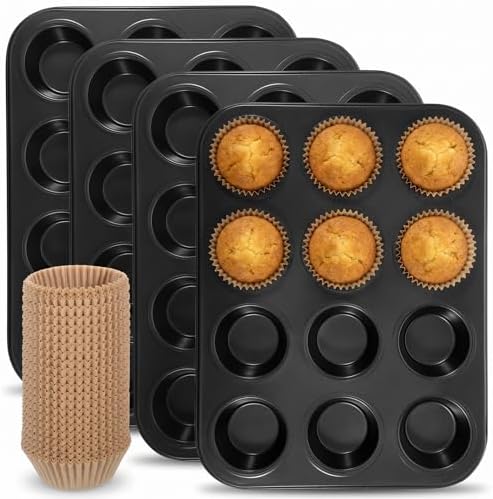 4 Pcs Muffin Pan for Baking, 12 Cup Nonstick Carbon Steel Cupcake Pan