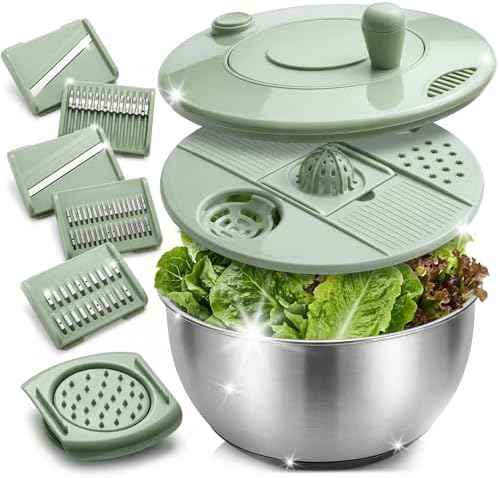 Stainless Steel Salad Spinner, 5.3 Qt Lettuce Dryer with Slicer &