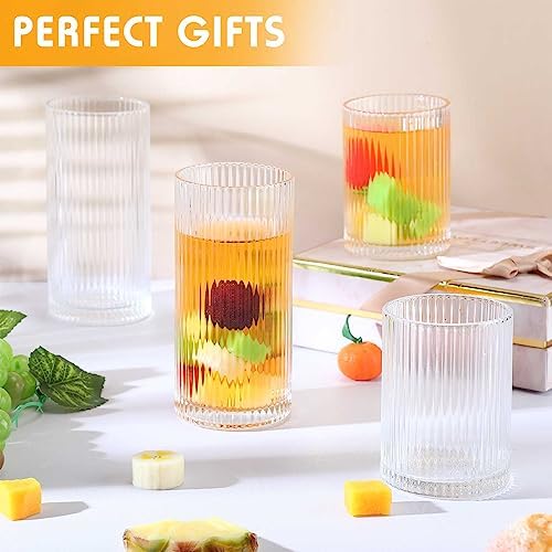 Zhehao 12 Pcs Ribbed Drinking Glasses Clear Vintage Cups Set, 9 oz