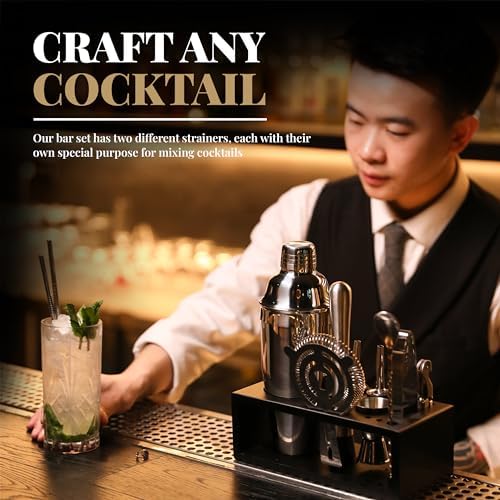Mixology Bartender Kit with Stand - 15 Piece Bar Tool Set, Silver Bar