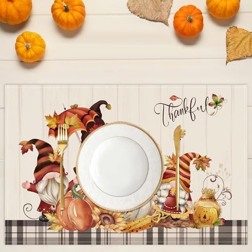Bonhause Gnomes Pumpkins Fall Placemats Set of 4, 12x18 Inch Autumn