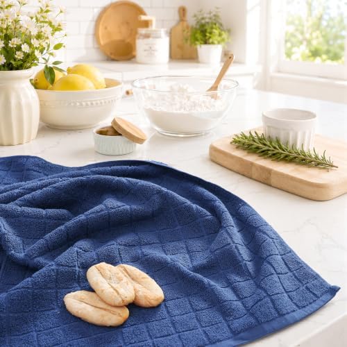 Kitinjoy Premium Cotton Check Kitchen Towels 6 Pack, 16" x 28", Navy