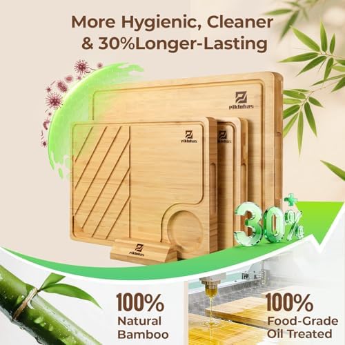 Piklohas Bamboo Cutting Boards Set of 4 for Kitchen with Wood Storage
