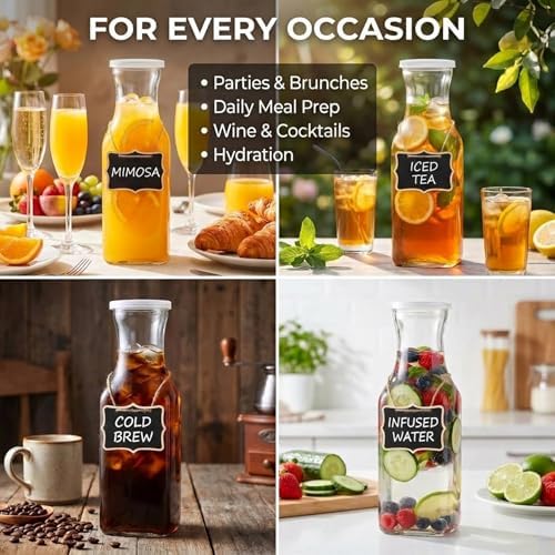 4Pcs Square Glass Carafe Juice Containers 1 Liter Clear Glass Pitcher