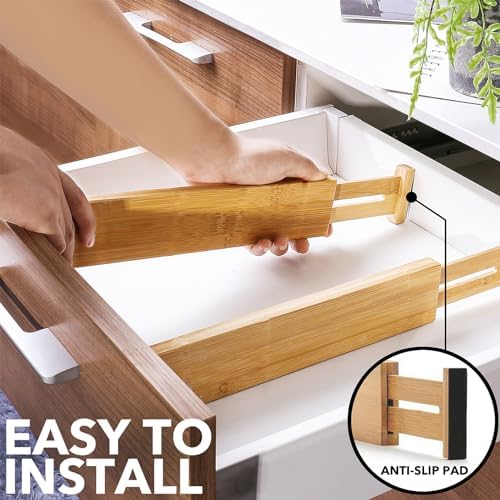 SpaceAid 4 Pack Bamboo Drawer Dividers with Labels, Kitchen Adjustable