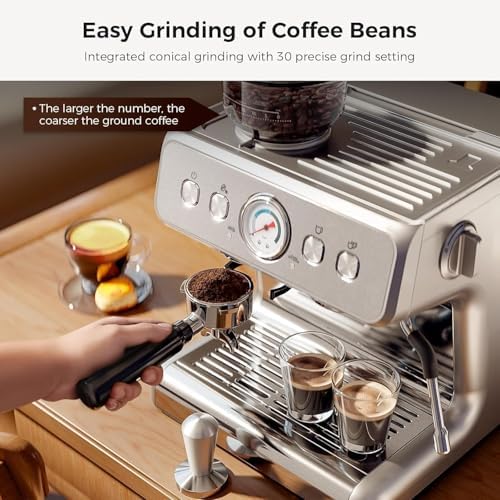 Kismile Espresso Machine with Grinder, 20 Bar, Stainless Steel