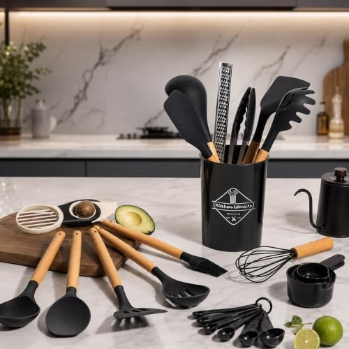 39-Piece Silicone Kitchen Utensils Set, Wood Handle