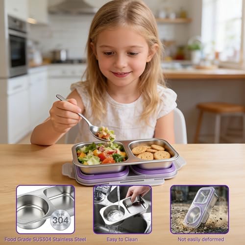 Stainless Steel Snack Containers with Lid, Reusable 2 Compartment