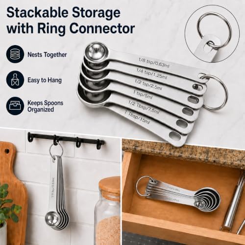 Stainless Steel Measuring Spoons Set of 6, Metal Measuring Spoons with