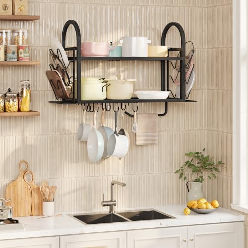 HOOBRO 30 Inch Pot Rack Wall Mounted, 2 Tier Pots and Pans Organizer with 6 Lid Holders and 10 Hooks, Wall-Mounted Pan Hanger with Towel Bar, for Kitchen Cookware Utensils Storage, Black BB100TL01