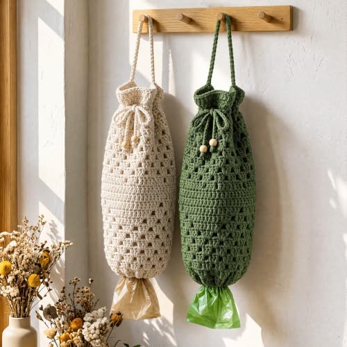 2 Pcs Crochet Plastic Bag Holders Boho Macrame Grocery Bag Holder