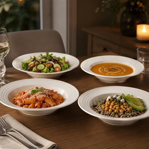Soup and Pasta Bowls Set of 4, 9.25in Porcelain Wide Rim Plates