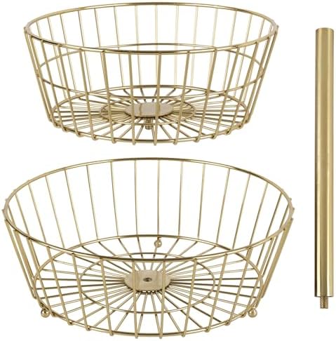 Gourmet Basics by Mikasa Geneva 2-Tier Countertop Fruit Basket Gold-Finish Metal Storage Stand for Kitchen Countertop Organization, Produce Display
