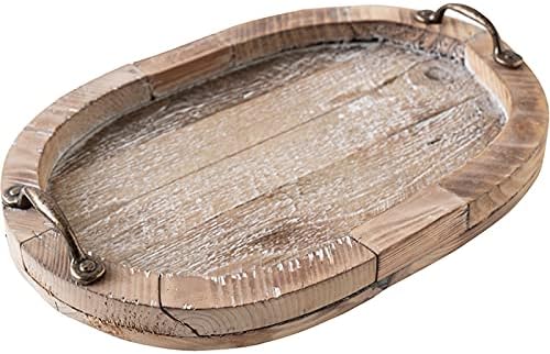Modern Oval Wood Tray, Rustic Distressed Brown with Gold Handles