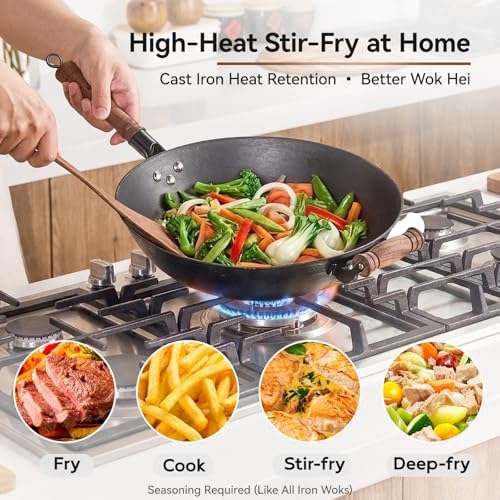 WANGYUANJI 13.4 Inch Cast Iron Wok Pan with Lid, Flat Bottom Uncoated Stir Fry Skillet, Heavy Duty Chinese Iron Pot for Family Cooking, Induction & Gas Stoves Compatible